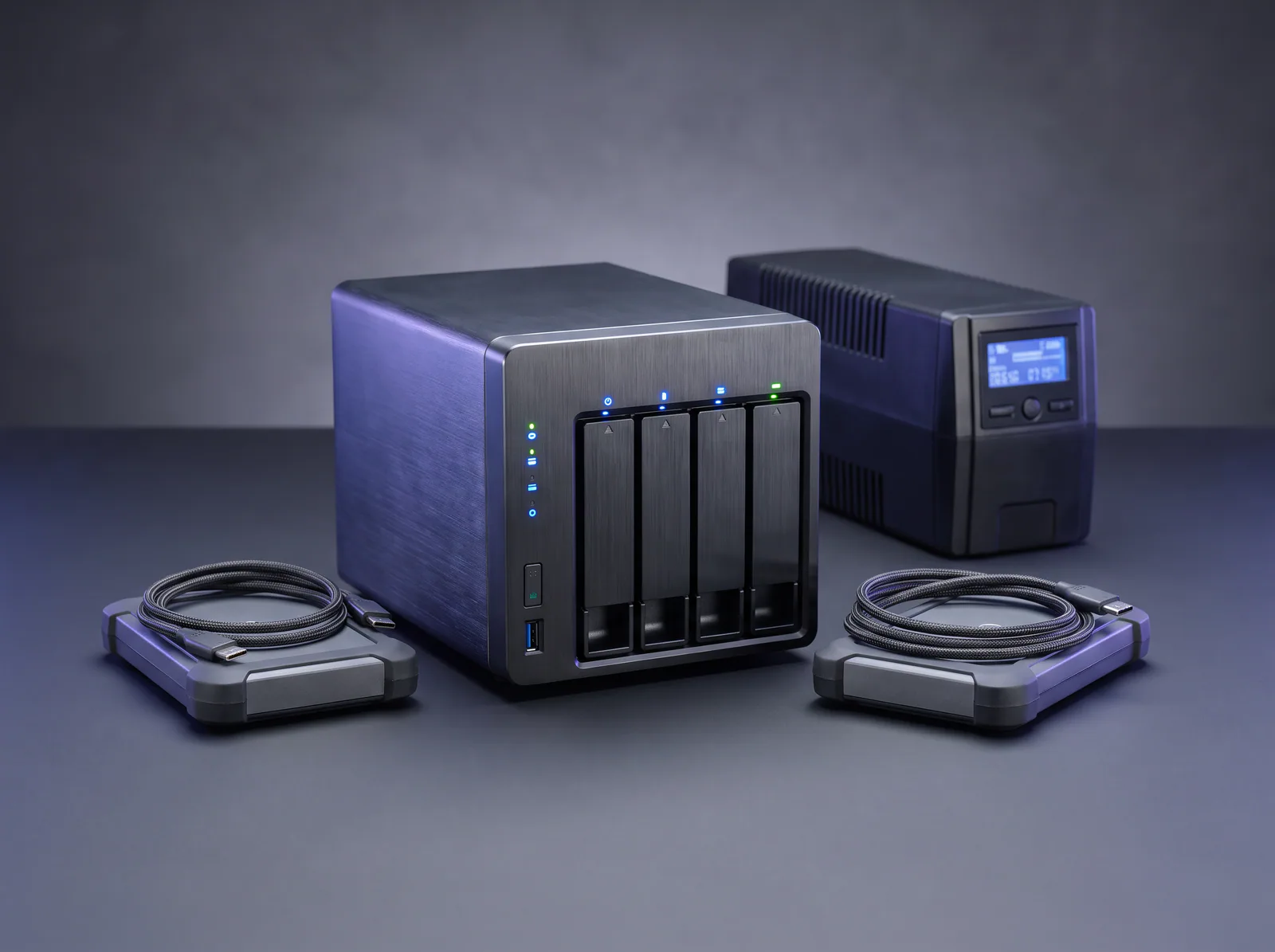 A network-attached storage unit, external backup drives and a UPS