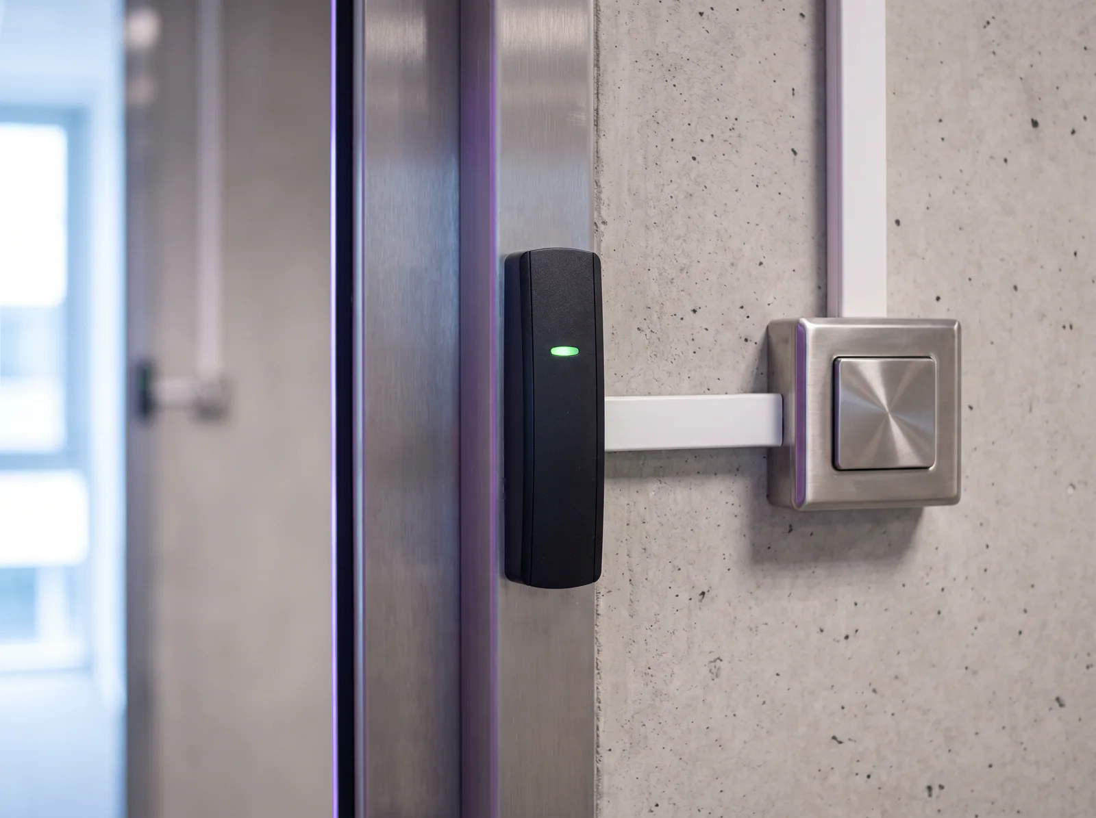 An electronic access control card reader beside an office door