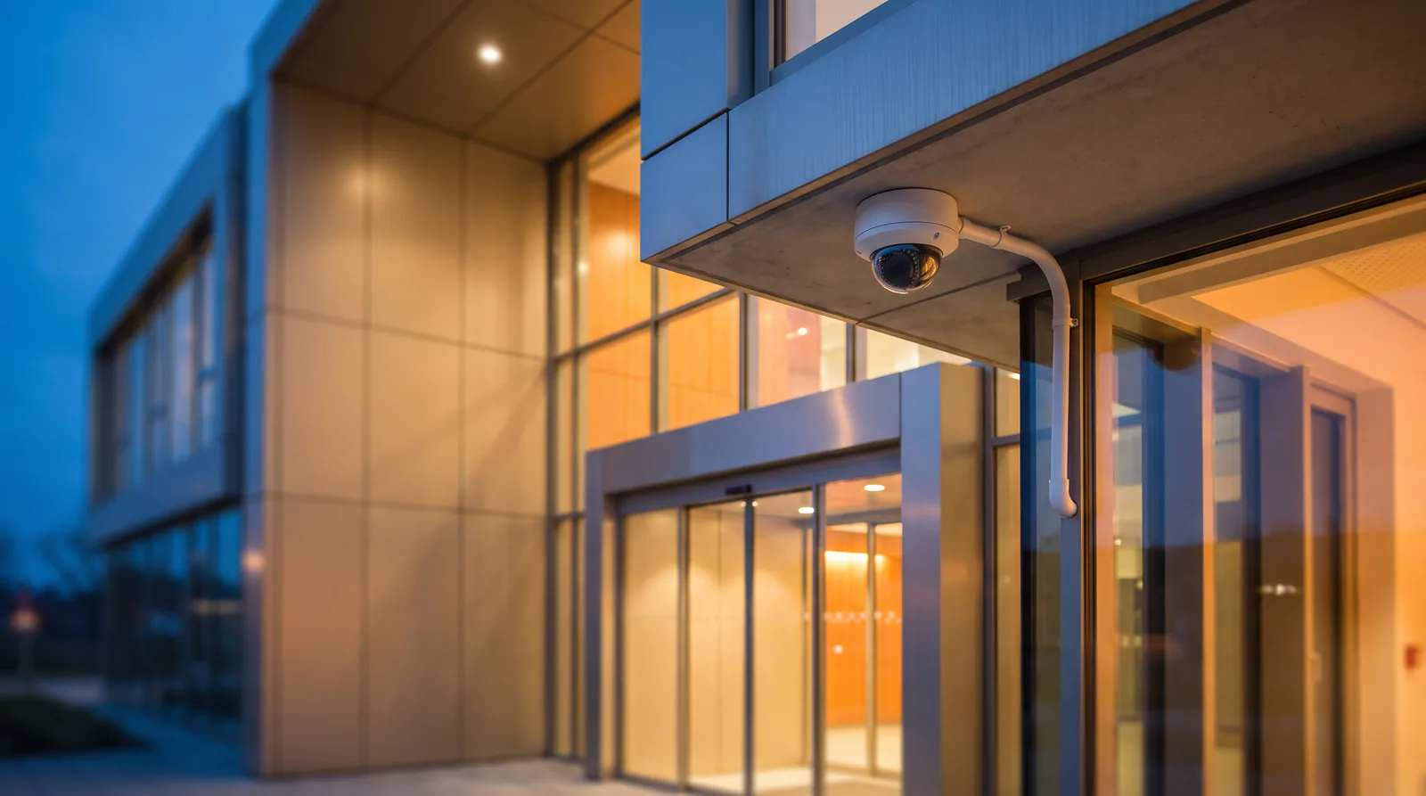 An IP dome CCTV camera mounted above a commercial building entrance at dusk