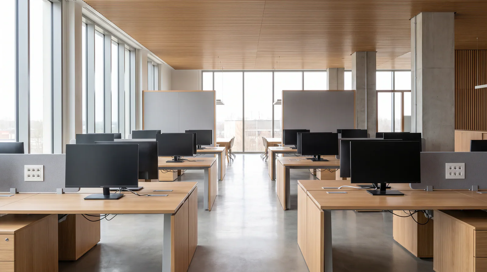 An open-plan office with desks, monitors and network wall points