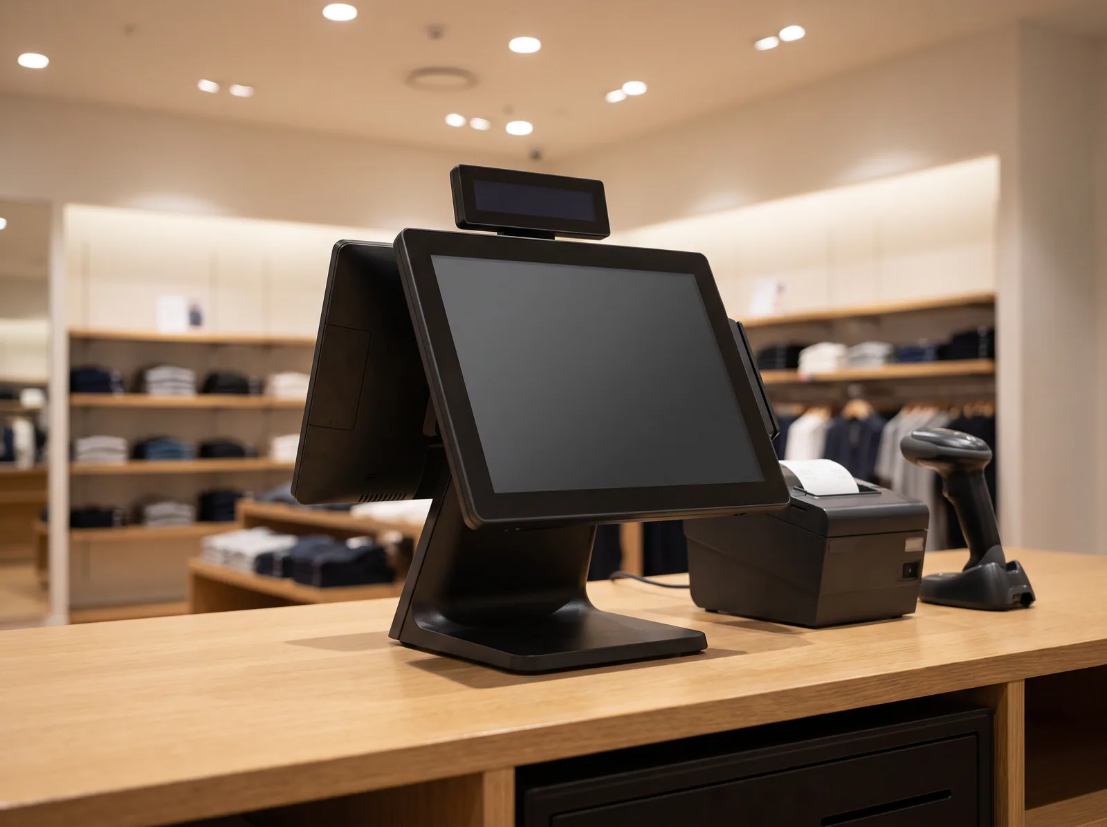 A point-of-sale terminal with receipt printer and barcode scanner on a retail counter