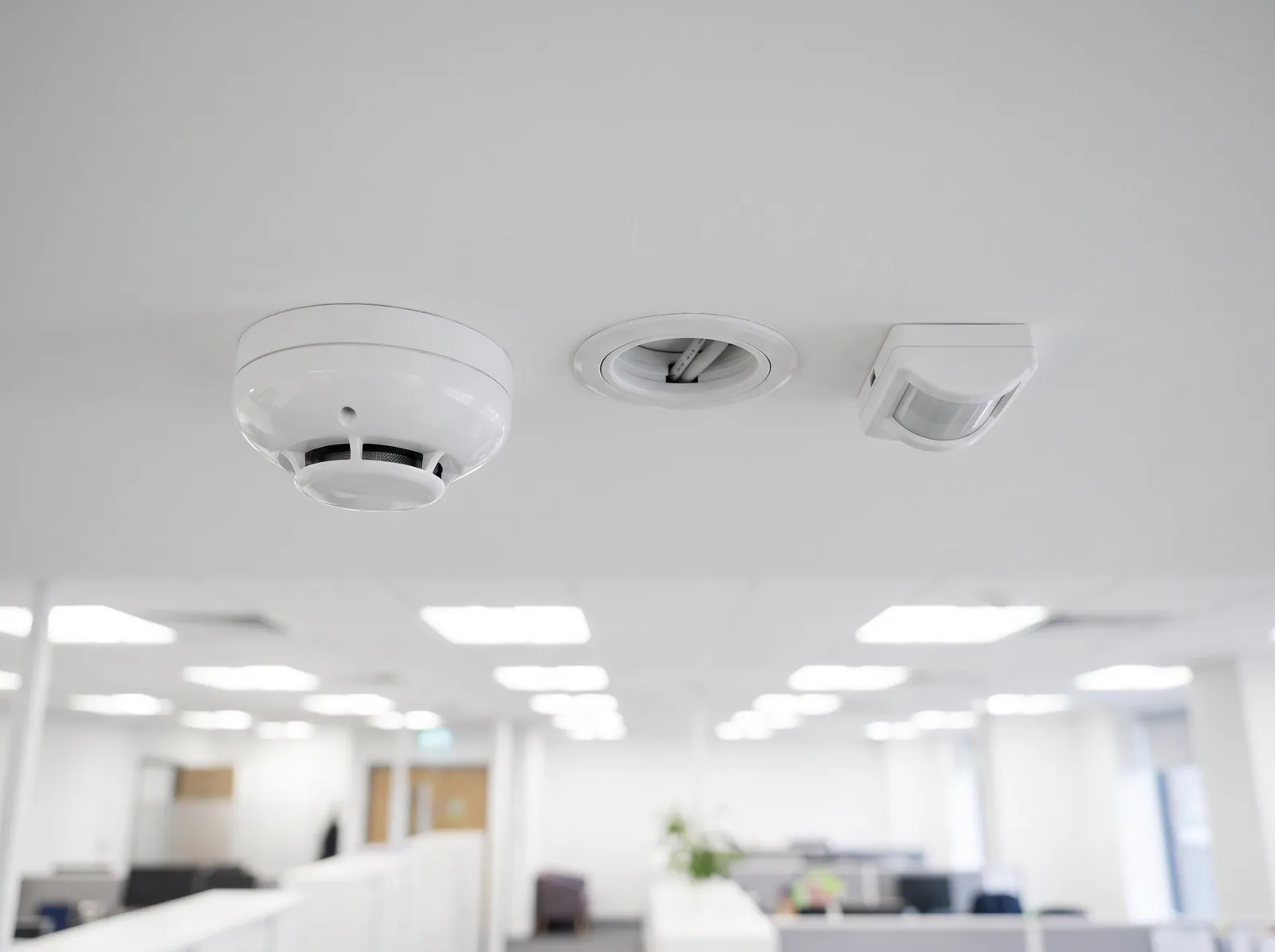 A ceiling-mounted smoke detector and motion sensor in a commercial interior