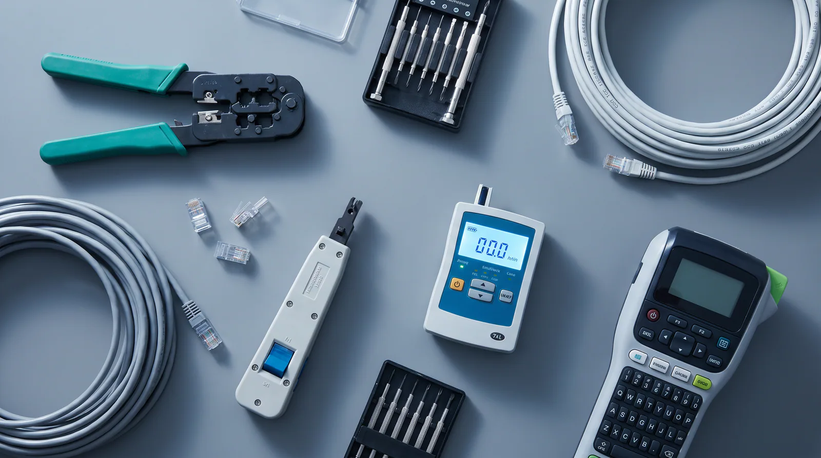Network installation tools including a crimping tool, cable tester and connectors on a workbench